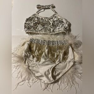 Glamour solo dance costume 2 piece white feather embellished SA-Small adult